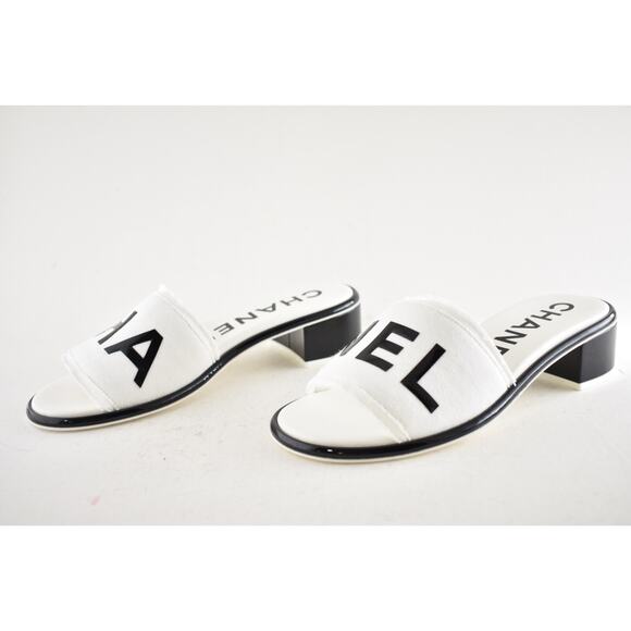 Chanel 24C White Black CHA NEL Letter Logo Mule Slide Block Heel Sandal 40.5 - Picture 14 of 16